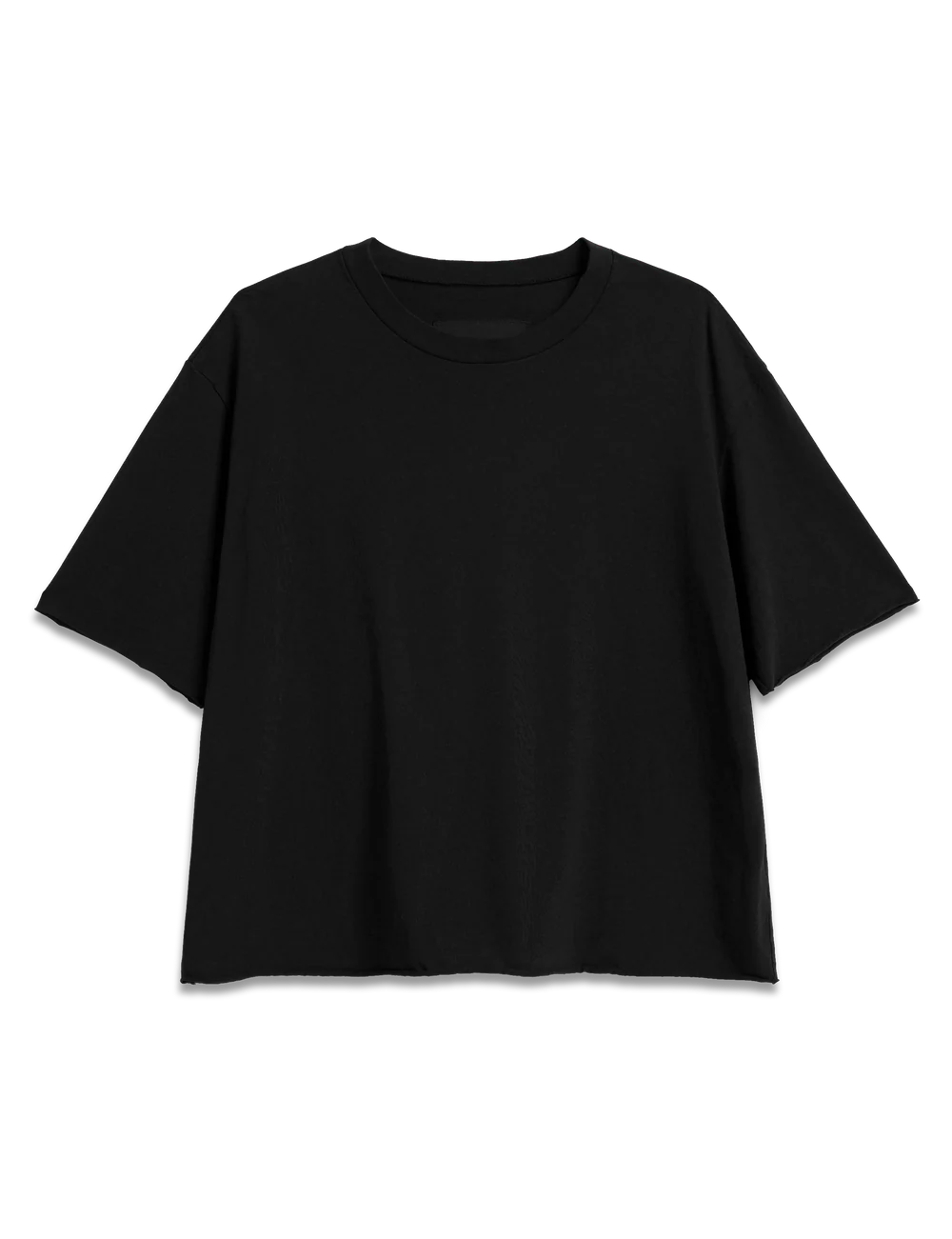 Black crewneck short-sleeve tee in 100 cotton by Frank &amp; Eileen, flat lay on white background.