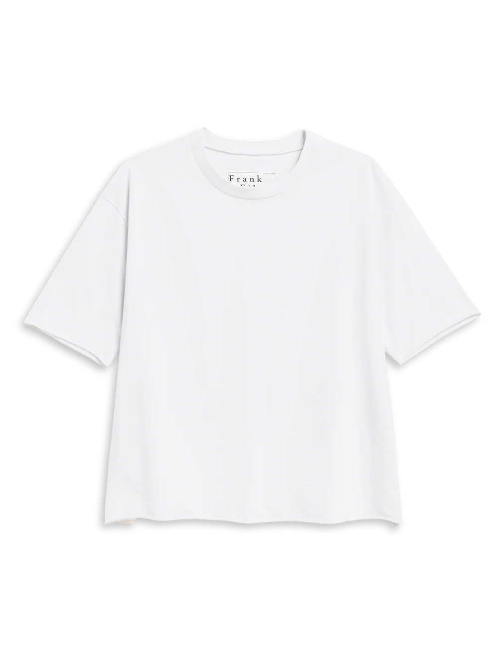 White short-sleeve cotton crewneck tee by Frank &amp; Eileen, Perry Crew style, laid flat on a white background.