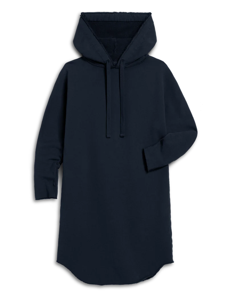 The Frank & Eileen Mini James Hoodie Cape Dress is a long-sleeved, dark navy mini dress with a relaxed fit, drawstring hood, front pocket, and curved hem, shown against a white background.