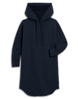 The Frank & Eileen Mini James Hoodie Cape Dress is a long-sleeved, dark navy mini dress with a relaxed fit, drawstring hood, front pocket, and curved hem, shown against a white background.