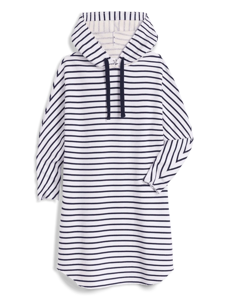 The Mini James Hoodie Cape Dress from Frank & Eileen is a casual pullover mini dress featuring navy and white horizontal stripes, navy drawstrings, and a relaxed fit—ideal for travel or easygoing days.
