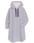 The Mini James Hoodie Cape Dress from Frank & Eileen is a casual pullover mini dress featuring navy and white horizontal stripes, navy drawstrings, and a relaxed fit—ideal for travel or easygoing days.