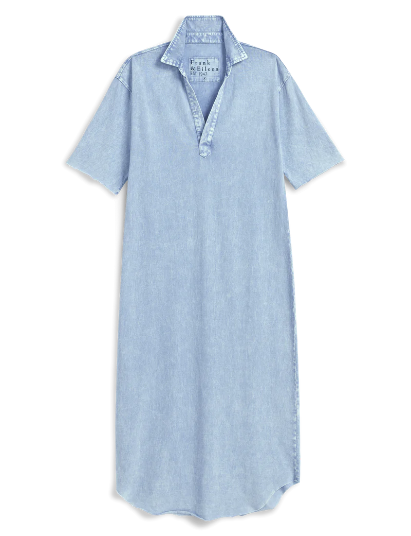 The Emma Popover Henley Dress by Frank &amp; Eileen is a light blue, short-sleeve denim midi with a relaxed fit, collared neckline, and partial button placket—ideal for effortless, everyday minimalist style.