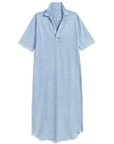 The Emma Popover Henley Dress by Frank & Eileen is a light blue, short-sleeve denim midi with a relaxed fit, collared neckline, and partial button placket—ideal for effortless, everyday minimalist style.