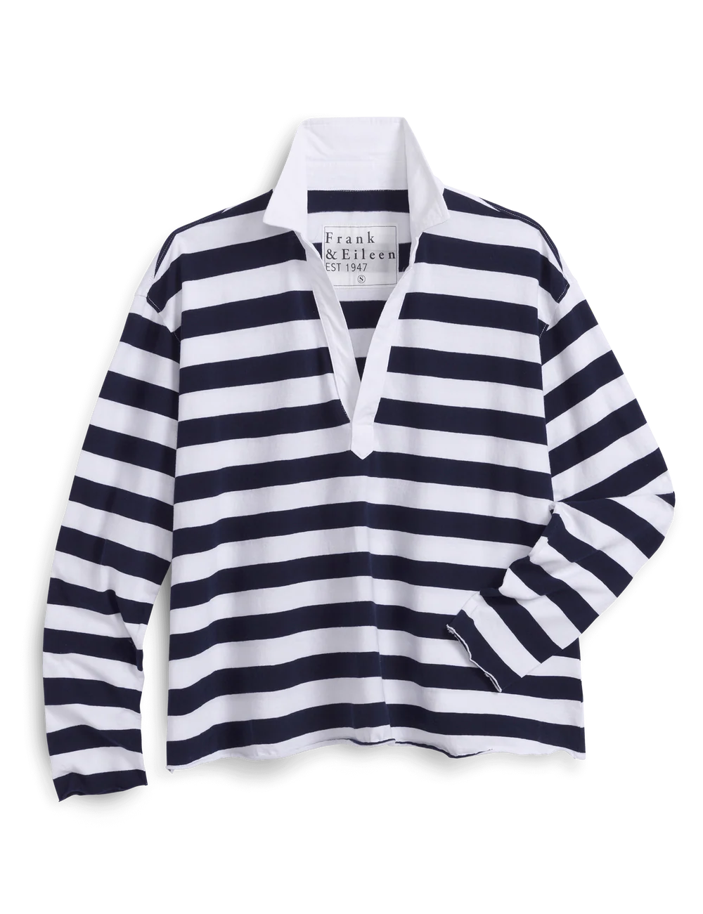 Black and white striped cropped henley with white collar, cotton jersey by Frank &amp; Eileen.
