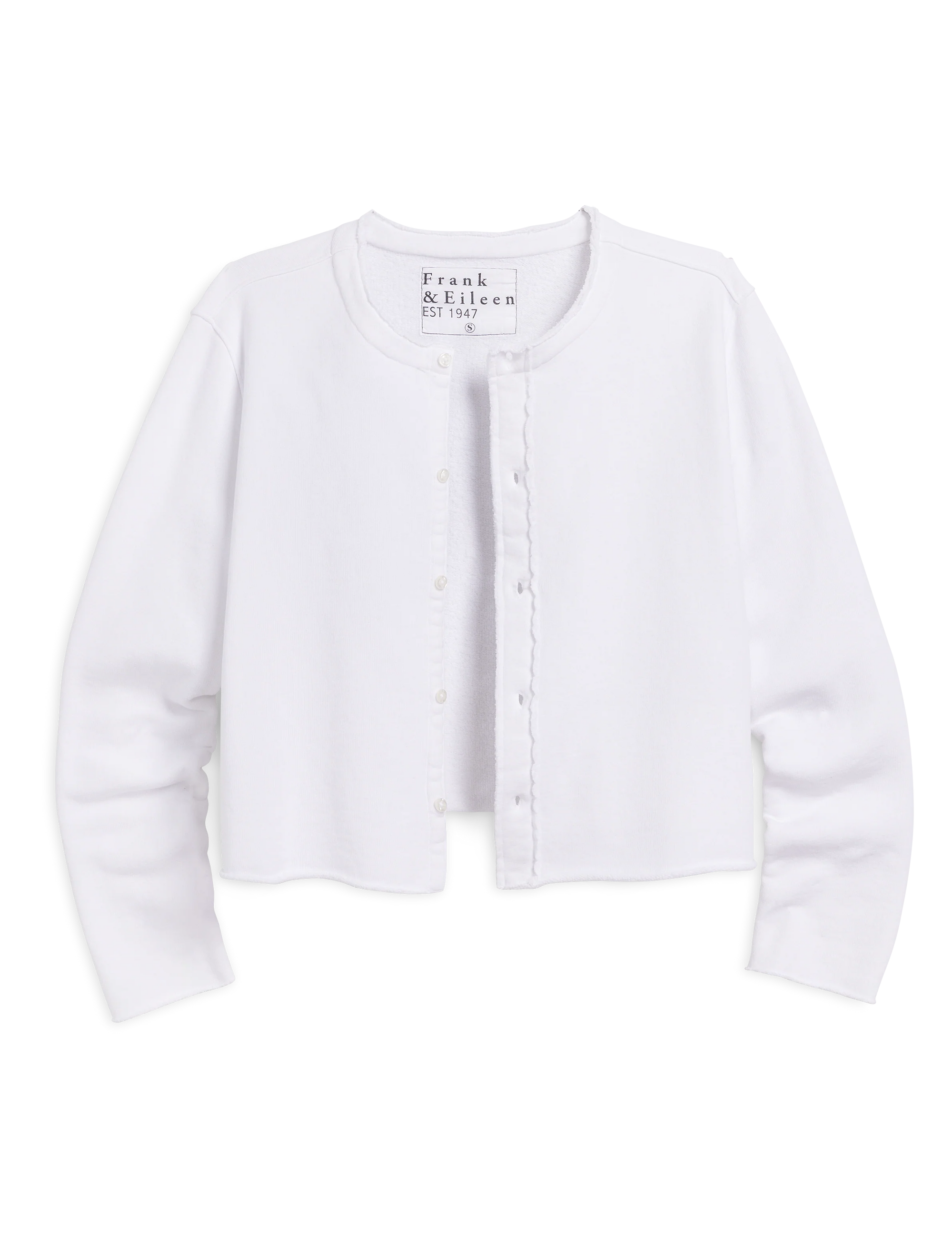 The Jackie Sweatshirt Cardigan by Frank & Eileen is a white, long-sleeve piece with a round neckline and raw edge hem, shown laid flat with one side slightly open. The label reads "Frank & Eileen EST 1947.