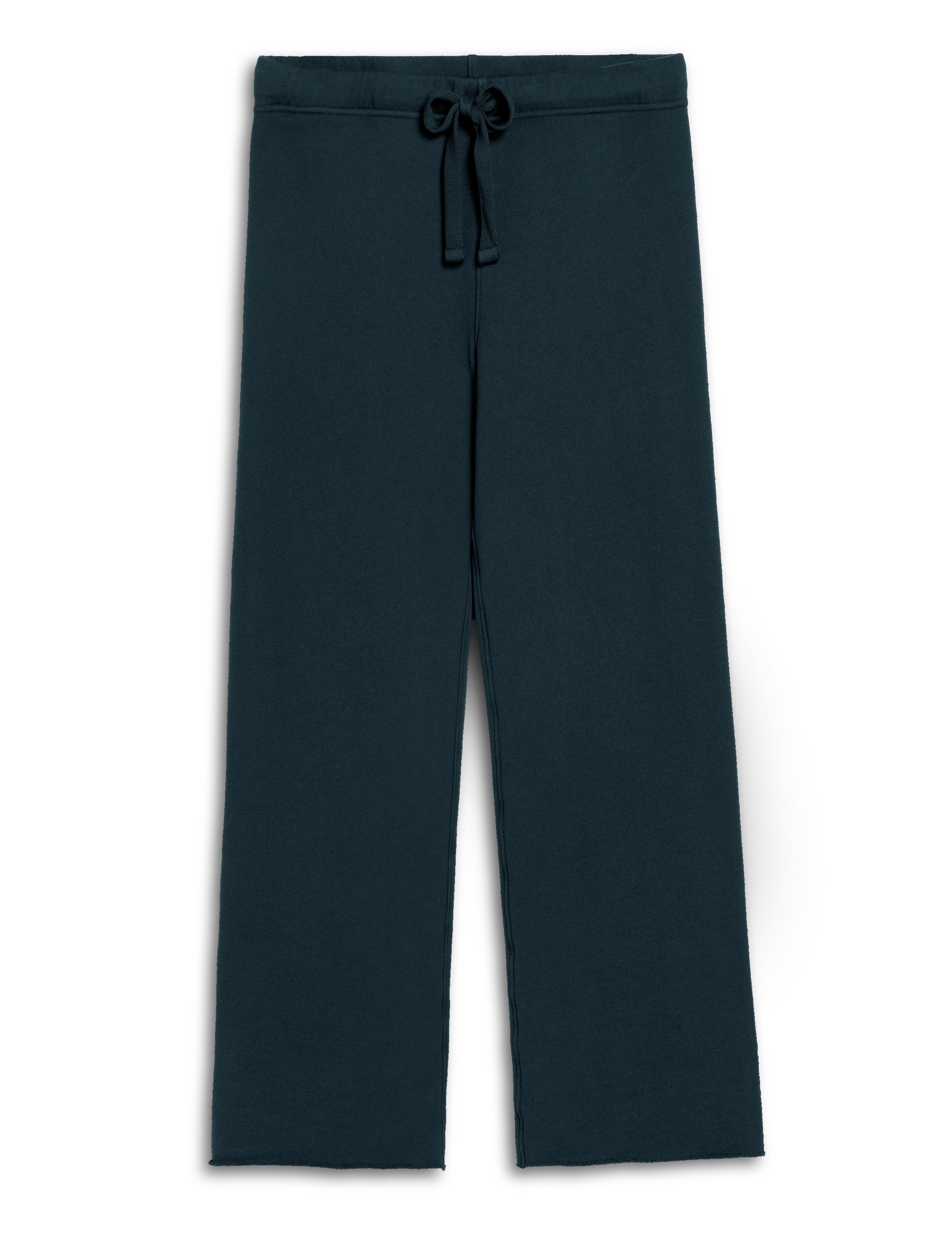 The Frank & Eileen Catherine Favorite Sweatpant is a high-rise, wide-leg, ankle-length style in dark blue with an elastic waistband and front drawstring, shown garment-dyed and laid flat on a white background.