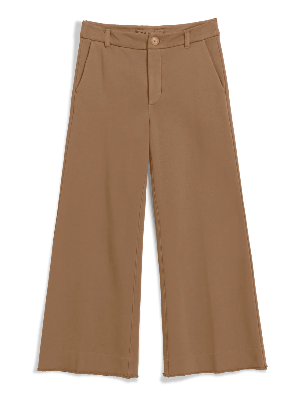 Light brown wide leg cotton trousers with pockets, belt loops, and frayed hem by Frank &amp; Eileen Riley.