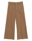 Light brown wide leg cotton trousers with pockets, belt loops, and frayed hem by Frank & Eileen Riley.