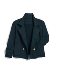 The Frank & Eileen MINI BELFAST Crop Peacoat, a single-breasted dark navy blazer with gold buttons, two front patch pockets, and raw edges, evokes classic English peacoat style and is displayed flat against a white background.