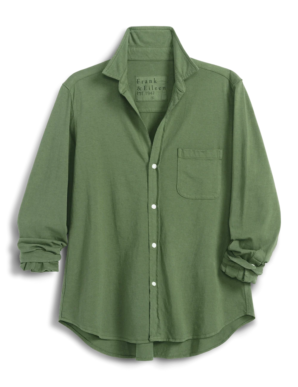 Relaxed Italian cotton button-up shirt with front pocket and rolled sleeves by Frank & Eileen in nori green.