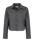 The Lena Shirt by AMO Denim is a relaxed-fit, long-sleeve button-up with vertical black and gray pinstripes, a fold-over collar, and a cropped hem. "AMO" is labeled inside the collar.