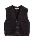 The LaTierra Aries Boucle Vest is a sleeveless black vest with a textured finish, a flattering v-neckline, and three cow horn buttons on the front, pictured against a plain white background.