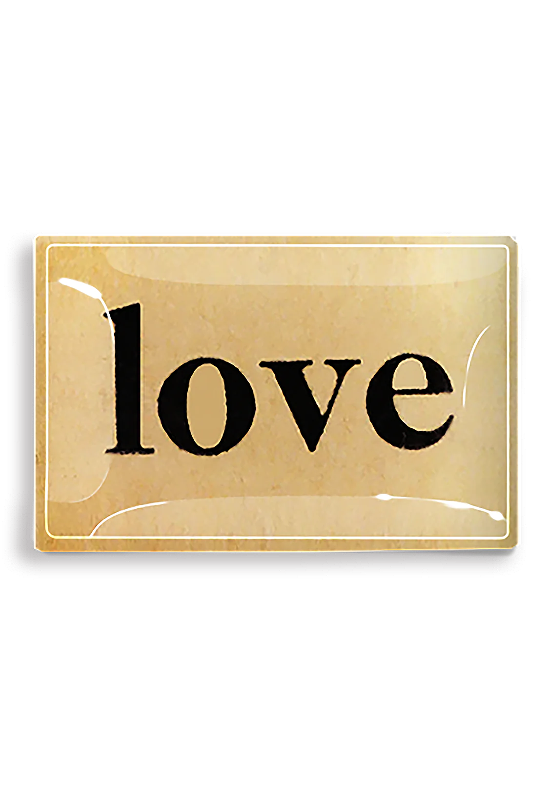 A vintage-style Tray 5.5" x 8.5" golden keychain with the word "love" written in black cursive letters on a cream background, enclosed in a glossy rectangular frame, perfect for a Scottsdale Arizona souvenir. (Ben's Garden)