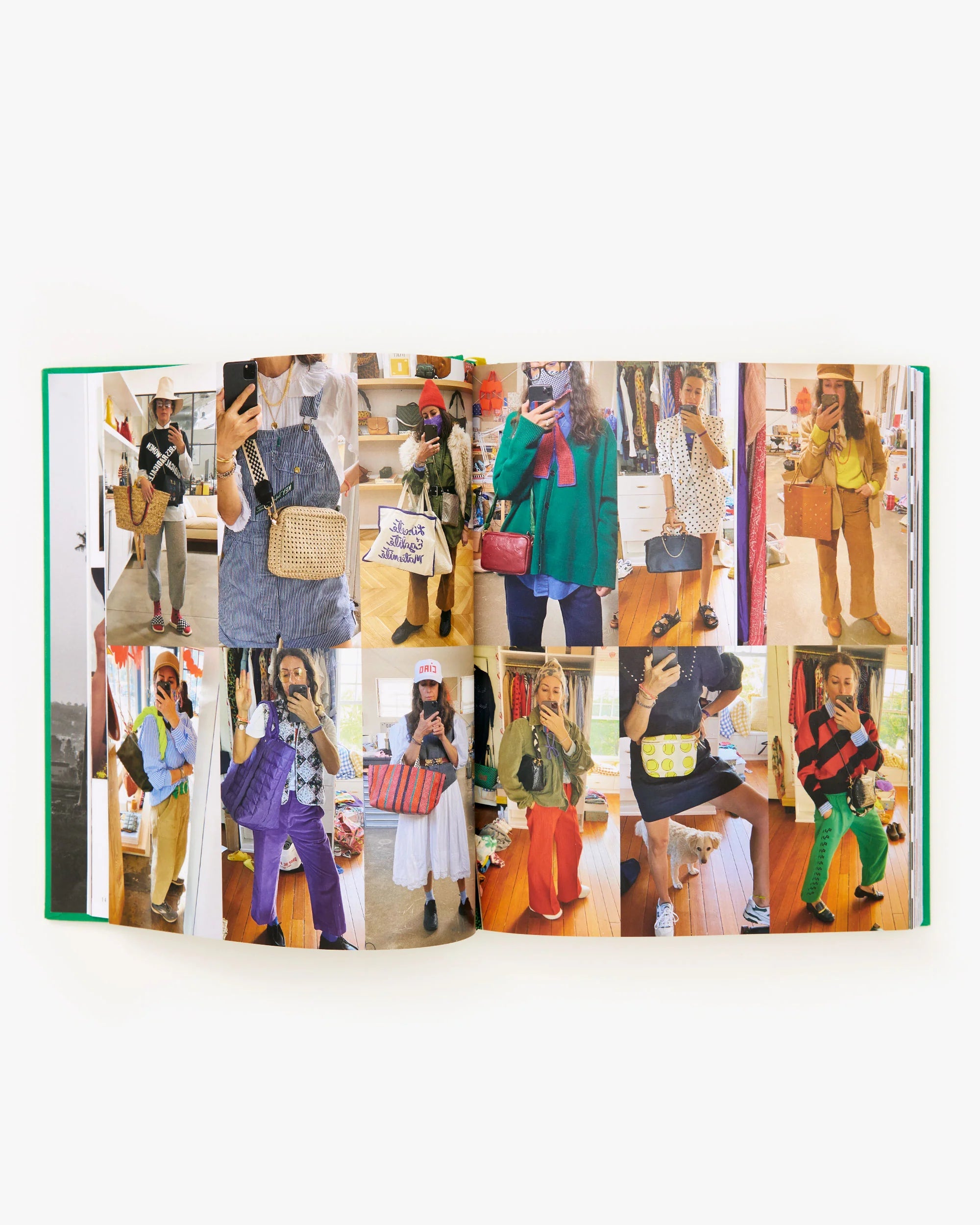 An open book titled *La Vie De Clare V. by Clare Vivier* features a collage of colorful, eccentric street fashion photos, seamlessly blending design elements, with each image showcasing different outfits, accessories, and poses. This vibrant collection captures a variety of individual styles reminiscent of Clare Vivier's playful aesthetic.