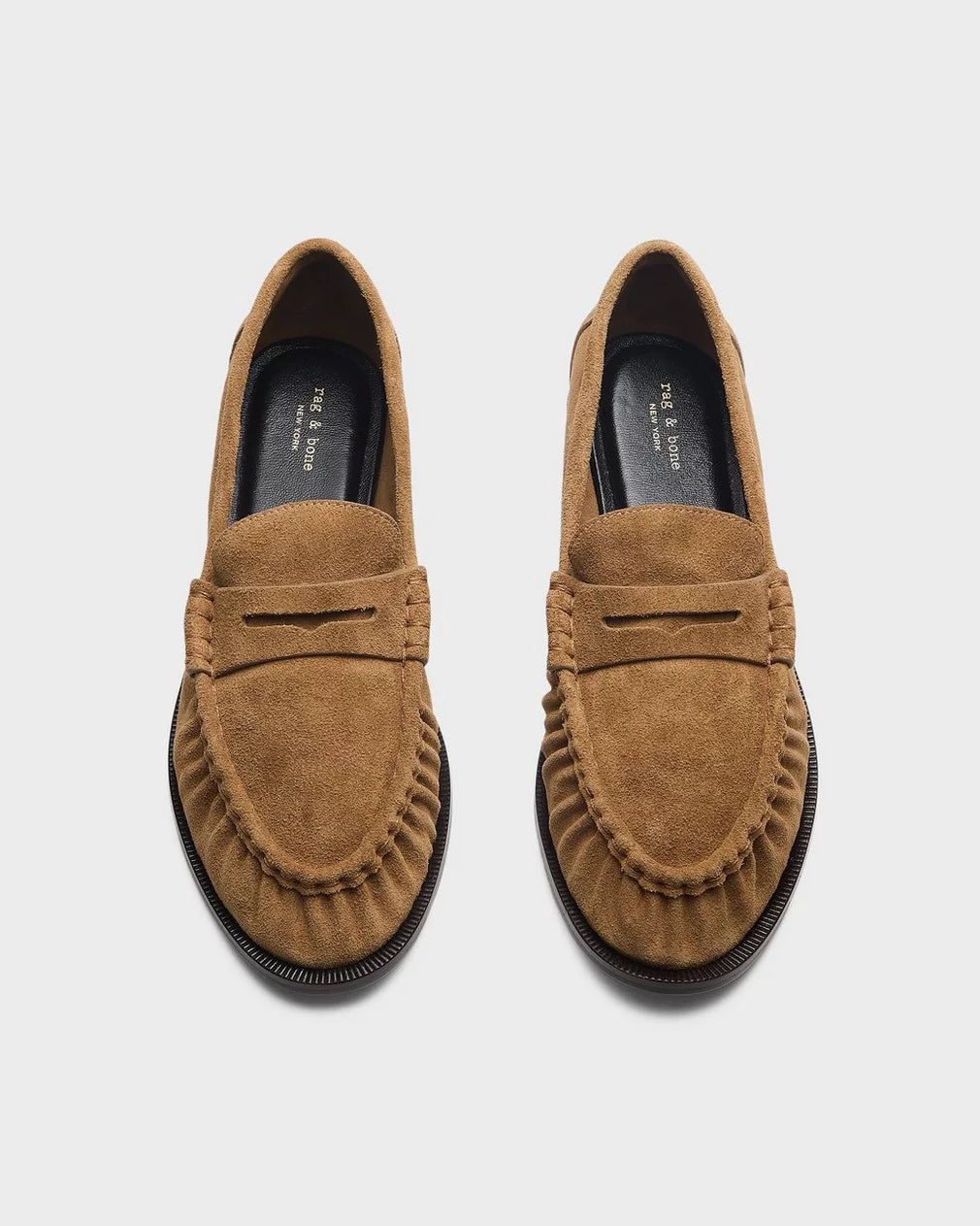 Brown suede slip-on loafer with stitching, shown from above; Rag &amp; Bone Lexi style at Bungalow Furniture &amp; Accessories.