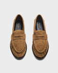 Brown suede slip-on loafer with stitching, shown from above; Rag & Bone Lexi style at Bungalow Furniture & Accessories.
