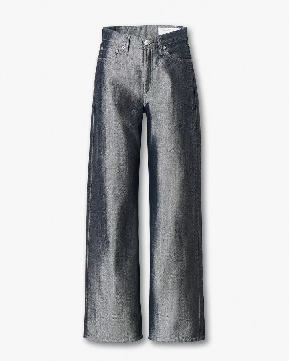 The Rag & Bone logan wide - metallic indigo jeans feature a high-waisted, wide-leg design in dark grey rigid denim with a faded effect, front pockets, and belt loops, shown against a white background.