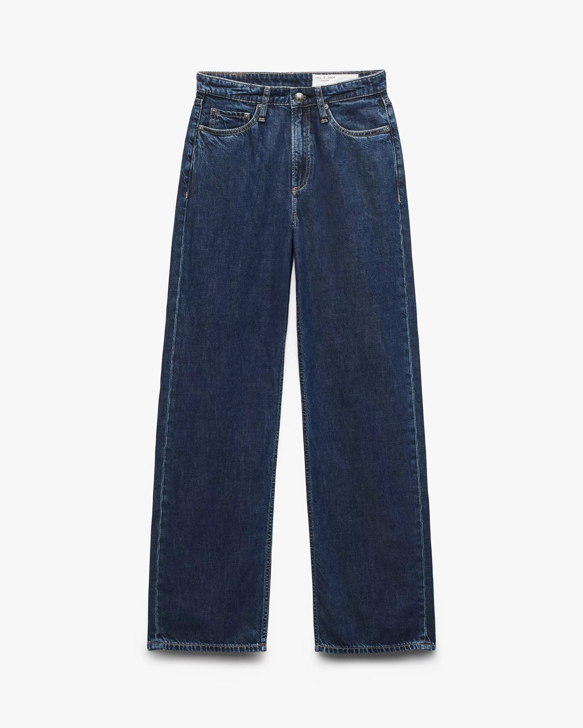 The Rag & Bone ftwt logan mr wide leg jeans are dark blue, high-waisted and featherweight, featuring a straight wide-leg cut, five-pocket design, and button-zip closure, displayed flat on a white background.