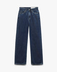 The Rag & Bone ftwt logan mr wide leg jeans are dark blue, high-waisted and featherweight, featuring a straight wide-leg cut, five-pocket design, and button-zip closure, displayed flat on a white background.