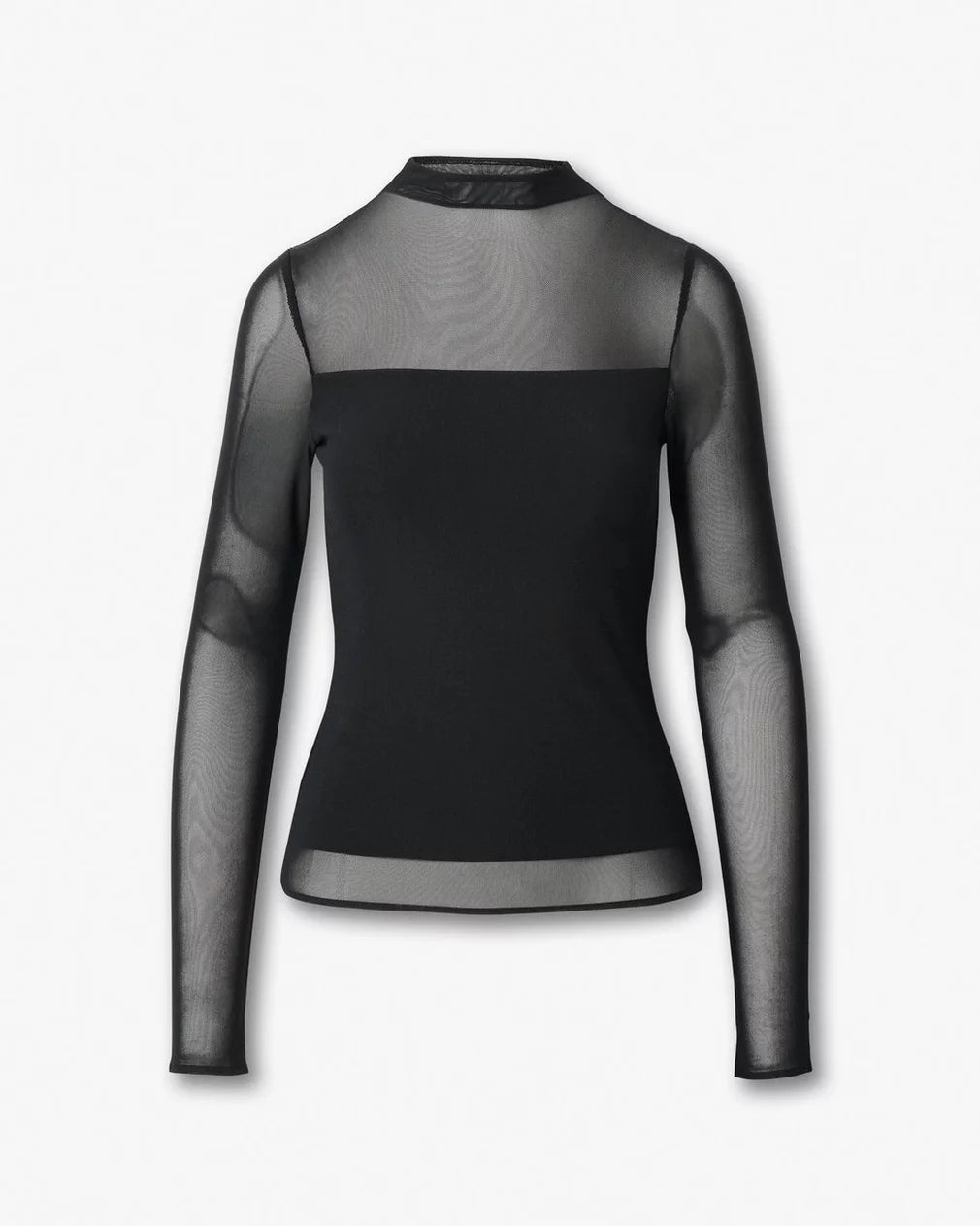 The Rag & Bone luca dbl layer mix media mockneck ls is a black, slim fit one-piece top with semi-sheer mesh long sleeves and neckline and a solid stretch jersey torso, shown on a plain white background.
