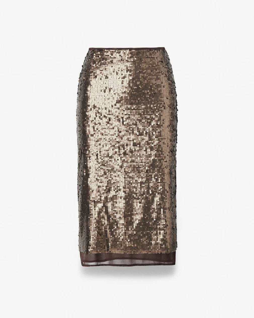 The Rag & Bone lucy sequin skirt is a classic-fit, knee-length pencil skirt featuring dazzling gold sequins and a sheer hem panel—perfect for party season. Shown on a plain white background.