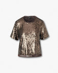 The Rag & Bone lucy sequin tee is a short-sleeved, gold sequin top with a relaxed fit and round neckline, perfect for party season, shown against a plain white background.