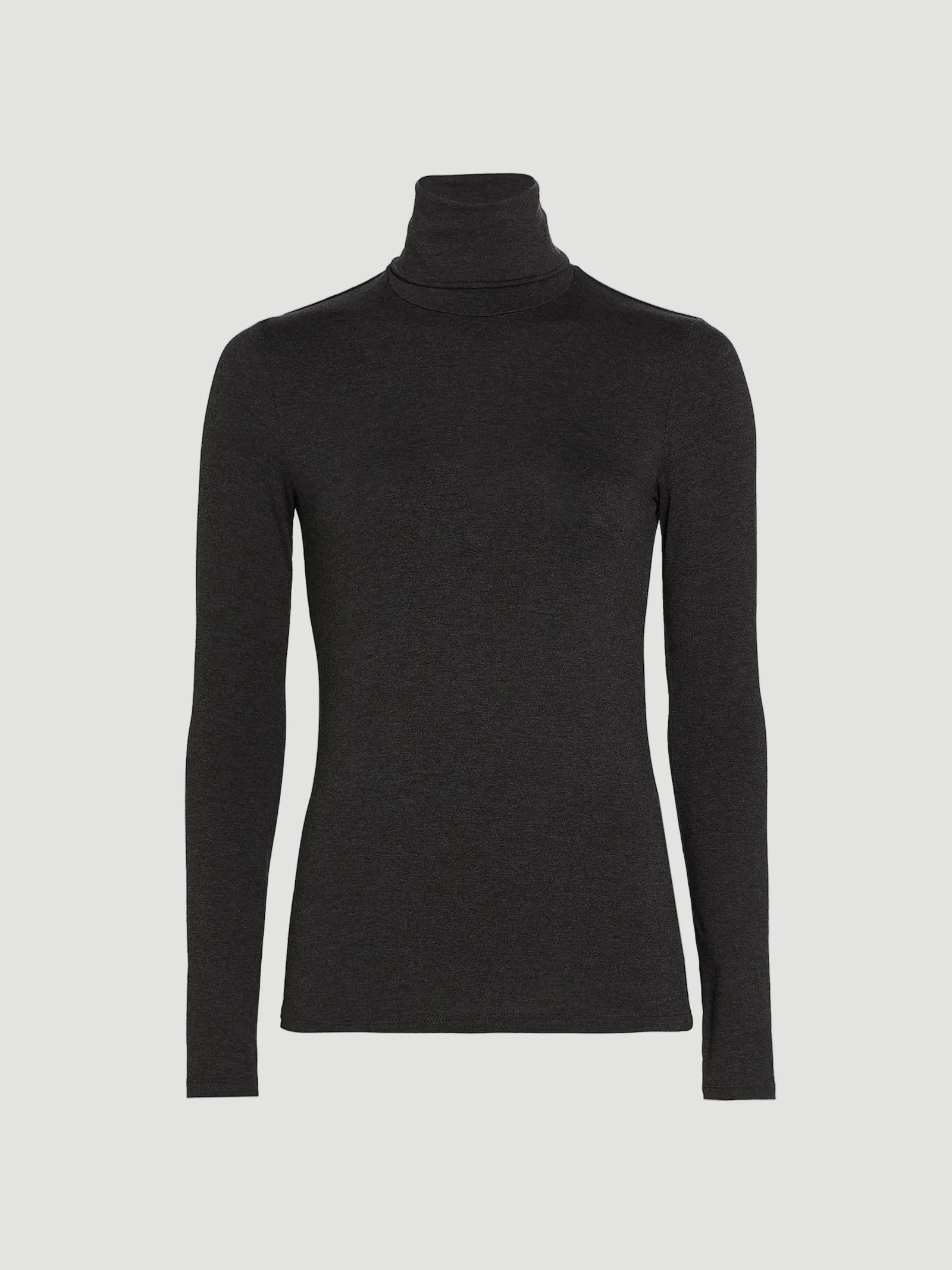 The Majestic Filatures Soft Touch L/S Turtleneck, a lightweight black long sleeve shirt, is displayed against a light grey background.