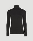 The Majestic Filatures Soft Touch L/S Turtleneck, a lightweight black long sleeve shirt, is displayed against a light grey background.