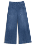 The Madeline Patch Pocket Pant by Frank & Eileen features wide-leg, cropped indigo denim, large front patch pockets, an elastic waistband, and a relaxed fit, shown laid flat on a white background.