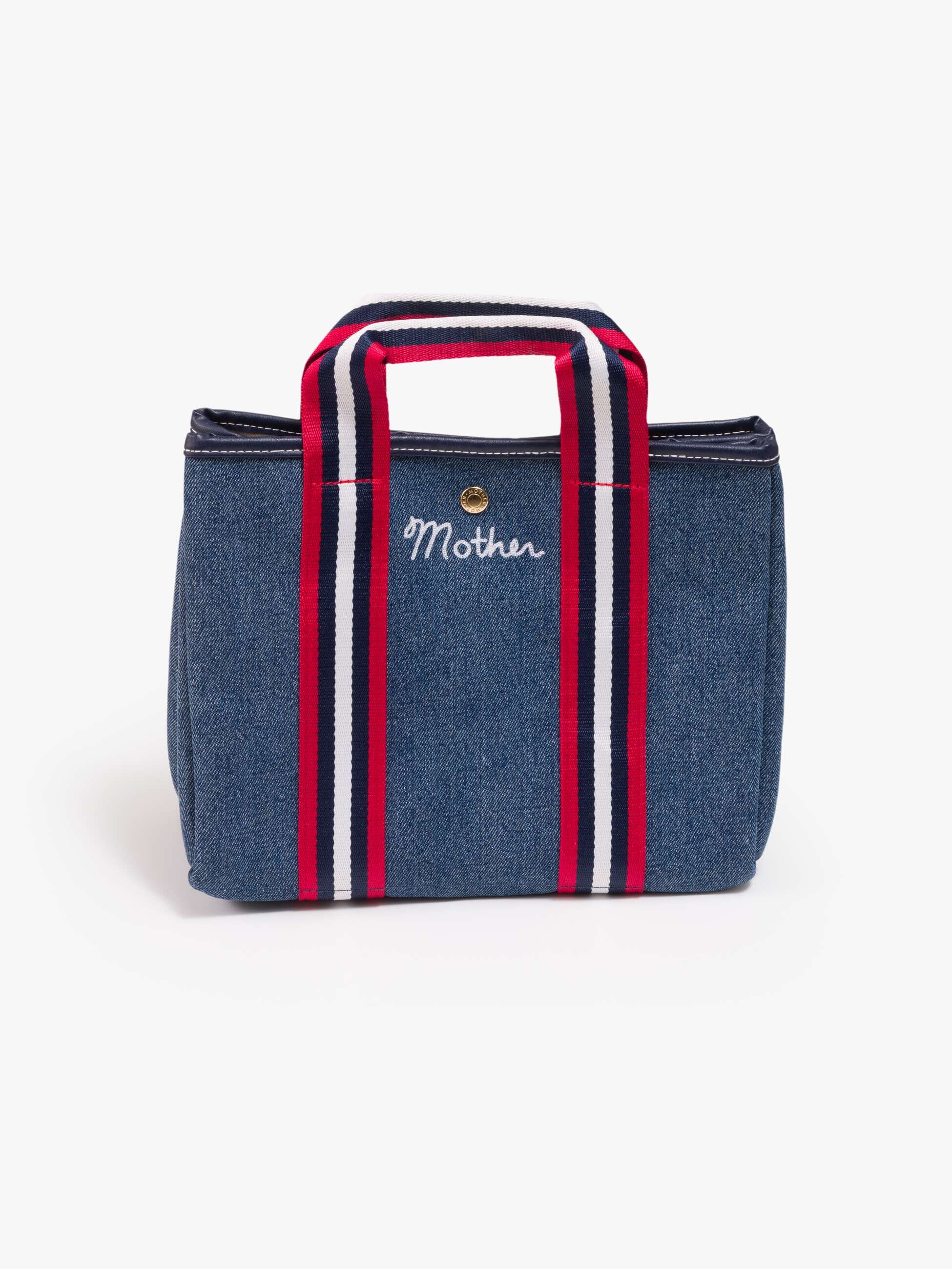 Blue cotton mini tote with tricolor handles and Mother embroidery, chic design by Mother.