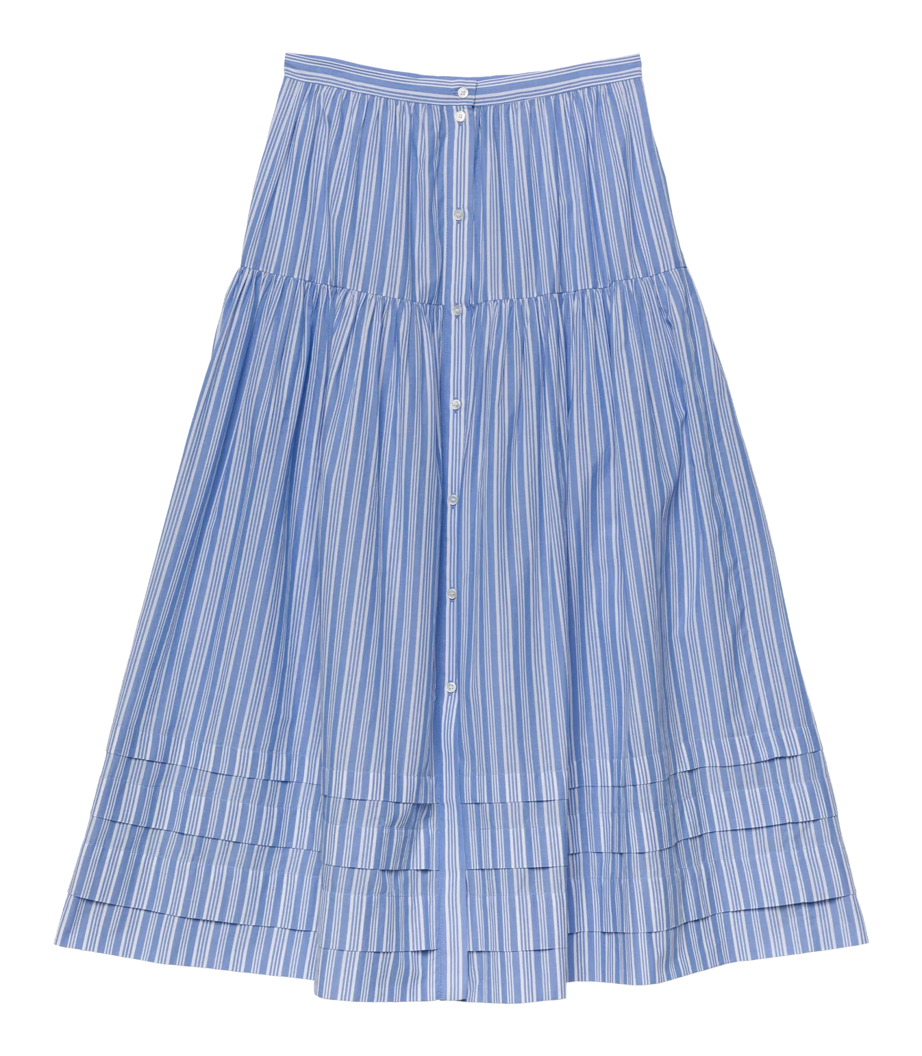 The Marceline Skirt by DOEN features a blue and white Salerno Stripe, high-waisted A-line midi silhouette with front buttons and pleats near the hem, crafted from organic cotton for a breezy feel.