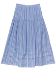 The Marceline Skirt by DOEN features a blue and white Salerno Stripe, high-waisted A-line midi silhouette with front buttons and pleats near the hem, crafted from organic cotton for a breezy feel.