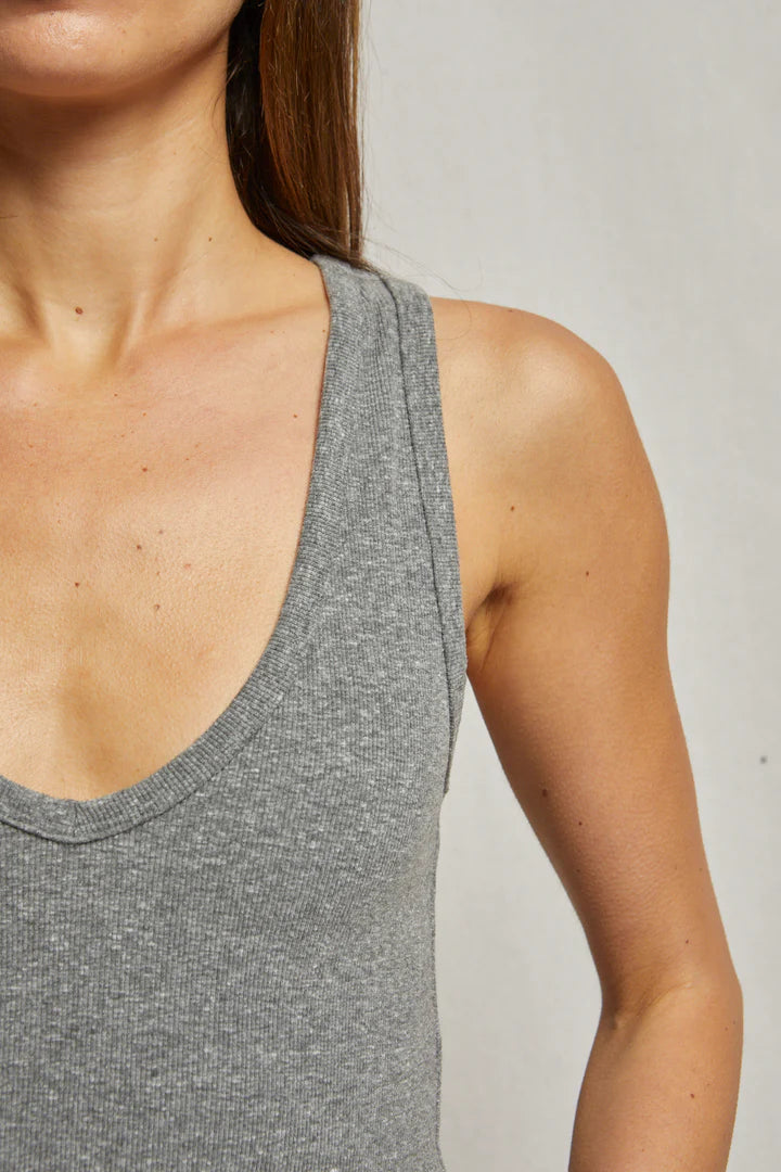 A person models the bestselling Maria Rib V Tank by Perfectwhitetee, a gray ribbed sleeveless top. The focus is on the upper body, emphasizing the fabric texture and design.