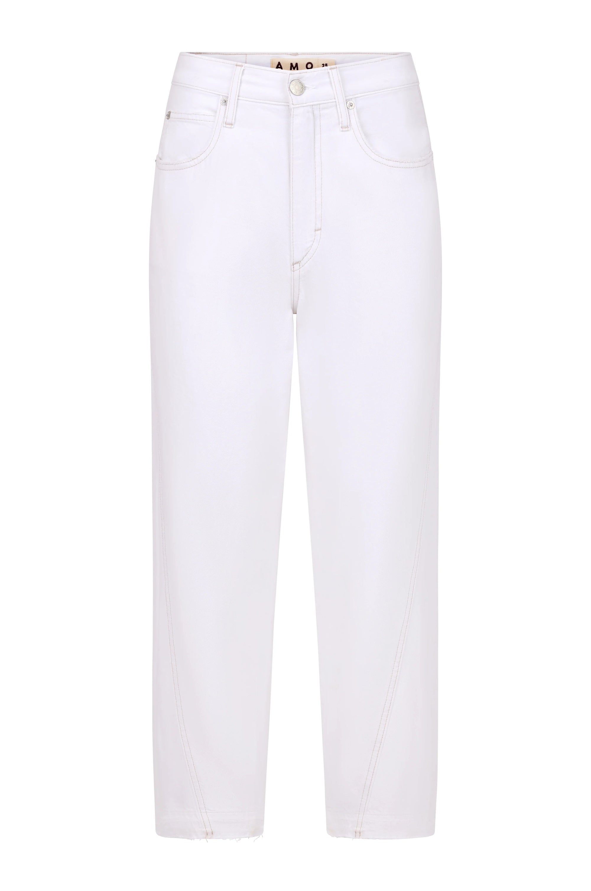 The Maria Denim by AMO Denim features white, high-waisted, vintage-inspired jeans with a straight-leg cropped cut, front and back pockets, button and zip closure, and subtle light stitching.