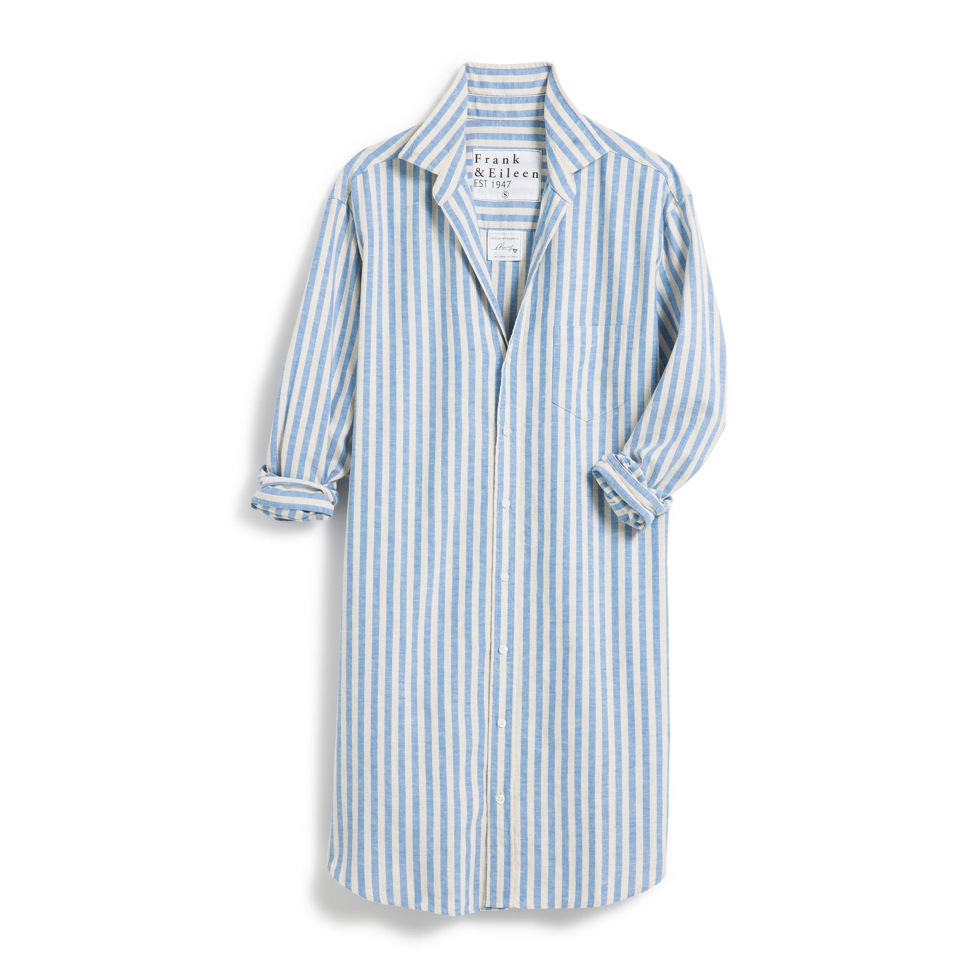 The MARY Shirtdress S25 by Frank & Eileen features long sleeves, blue and white stripes, a collar, single chest pocket, and rolled cuffs—ideal as a casual dress or chic beach cover-up.