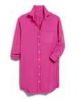 The Frank & Eileen MARY Shirtdress S25 features a bright pink hue, long sleeves, a single chest pocket, and rolled cuffs—a standout wardrobe staple displayed on a plain background.