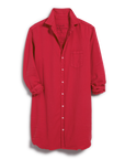 The Frank & Eileen MARY Shirtdress S25 is a bright red, long-sleeve button-up with a single chest pocket, rolled sleeves, and a flattering silhouette, displayed flat against a white background.