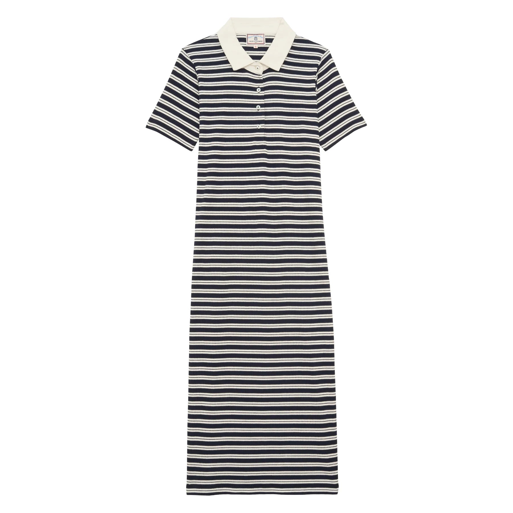 The Romane Polo Dress by Ines De LA Fressange is an ankle-length, short-sleeve dress with navy and white stripes, a white collar, front button placket, and is crafted from soft organic cotton.