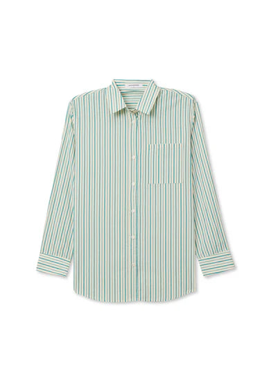 The Avalon Poplin Button Down by Perfectwhitetee features long sleeves, a collar, chest pocket, buttoned cuffs, and vertical green, white, and yellow stripes—ideal as an oversized shirt or stylish summer cover-up.