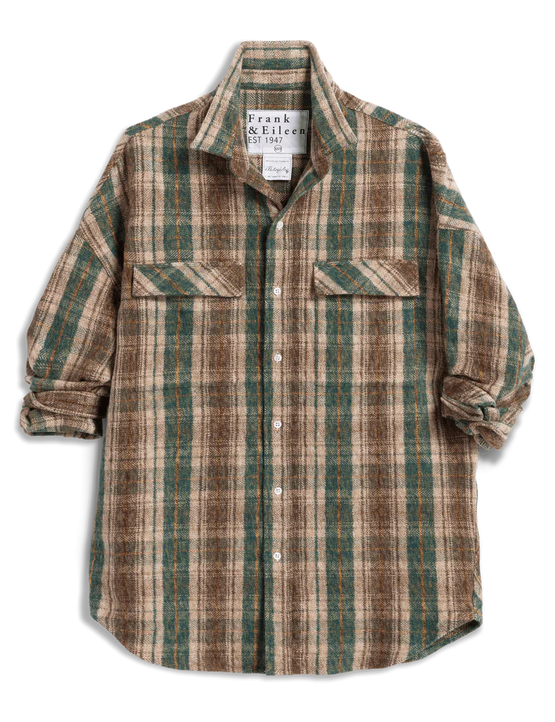 The McLoghlin Utility Shirt by Frank & Eileen features a brown, tan, and green plaid print, long rolled-up sleeves, chest flap pockets, a button-down front, and the signature label inside the collar for a relaxed California-cool vibe.