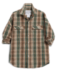 The McLoghlin Utility Shirt by Frank & Eileen features a brown, tan, and green plaid print, long rolled-up sleeves, chest flap pockets, a button-down front, and the signature label inside the collar for a relaxed California-cool vibe.