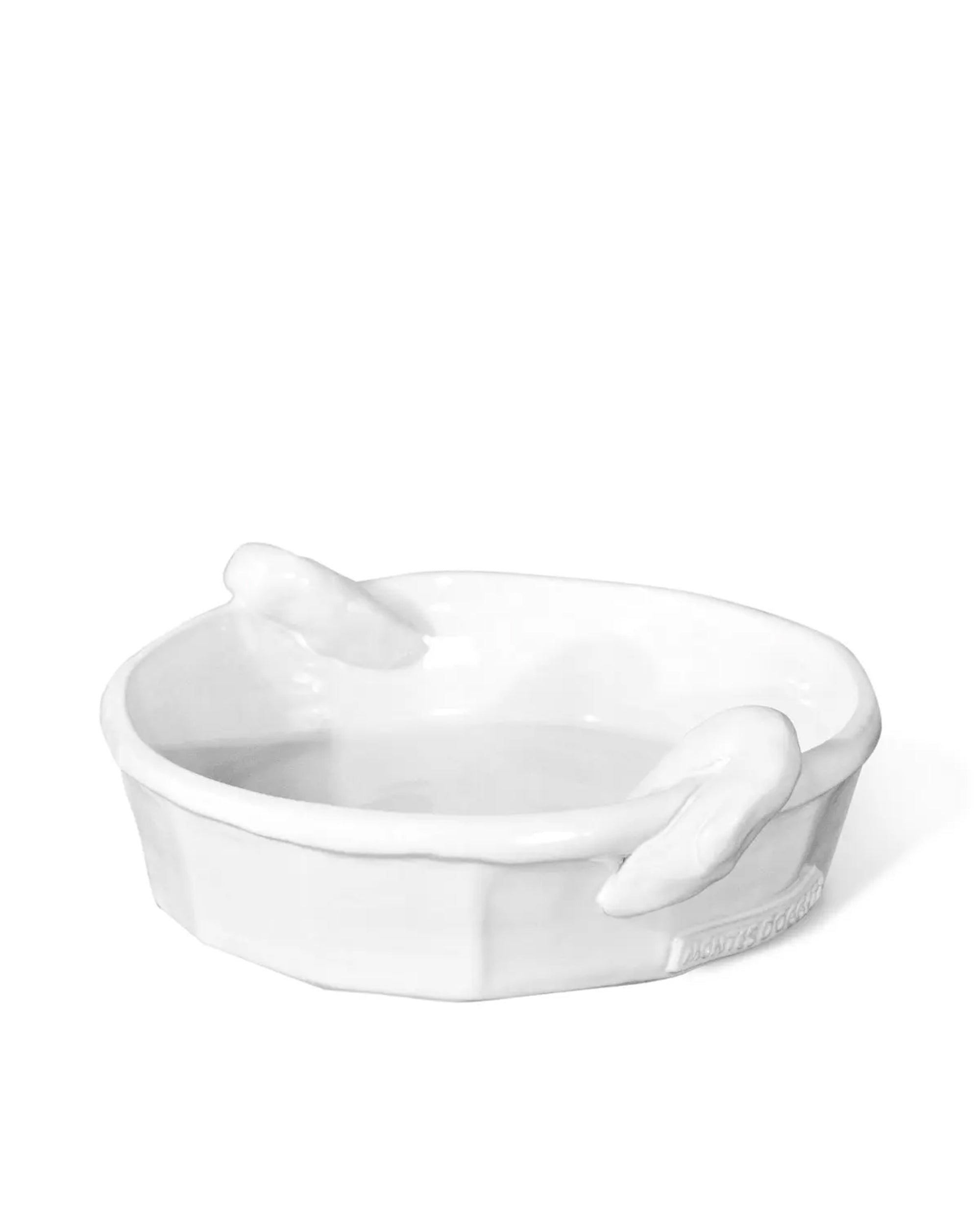 The Montes Doggett M Baker No. 391 is a white round baking dish with bird-shaped handles, crafted from high-fired ceramic and oven safe, shown on a plain white background.