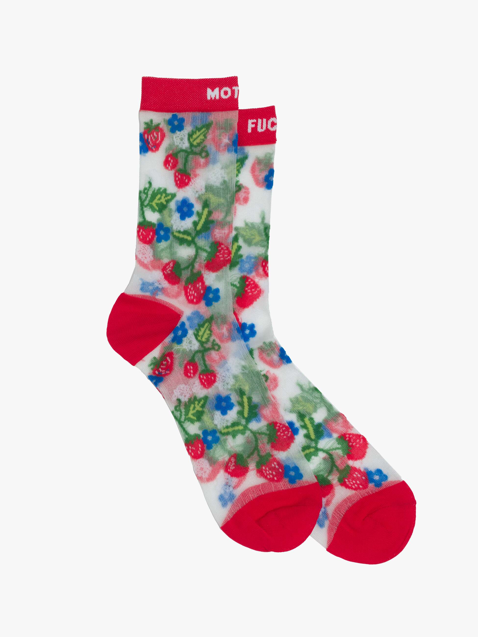 The Step Up Sock by Mother features translucent grey fabric with red toes, heels, and cuffs, a colorful strawberry, blue flower, and black star pattern, plus &quot;MOT&quot; and &quot;FUC&quot; in white on the tops.