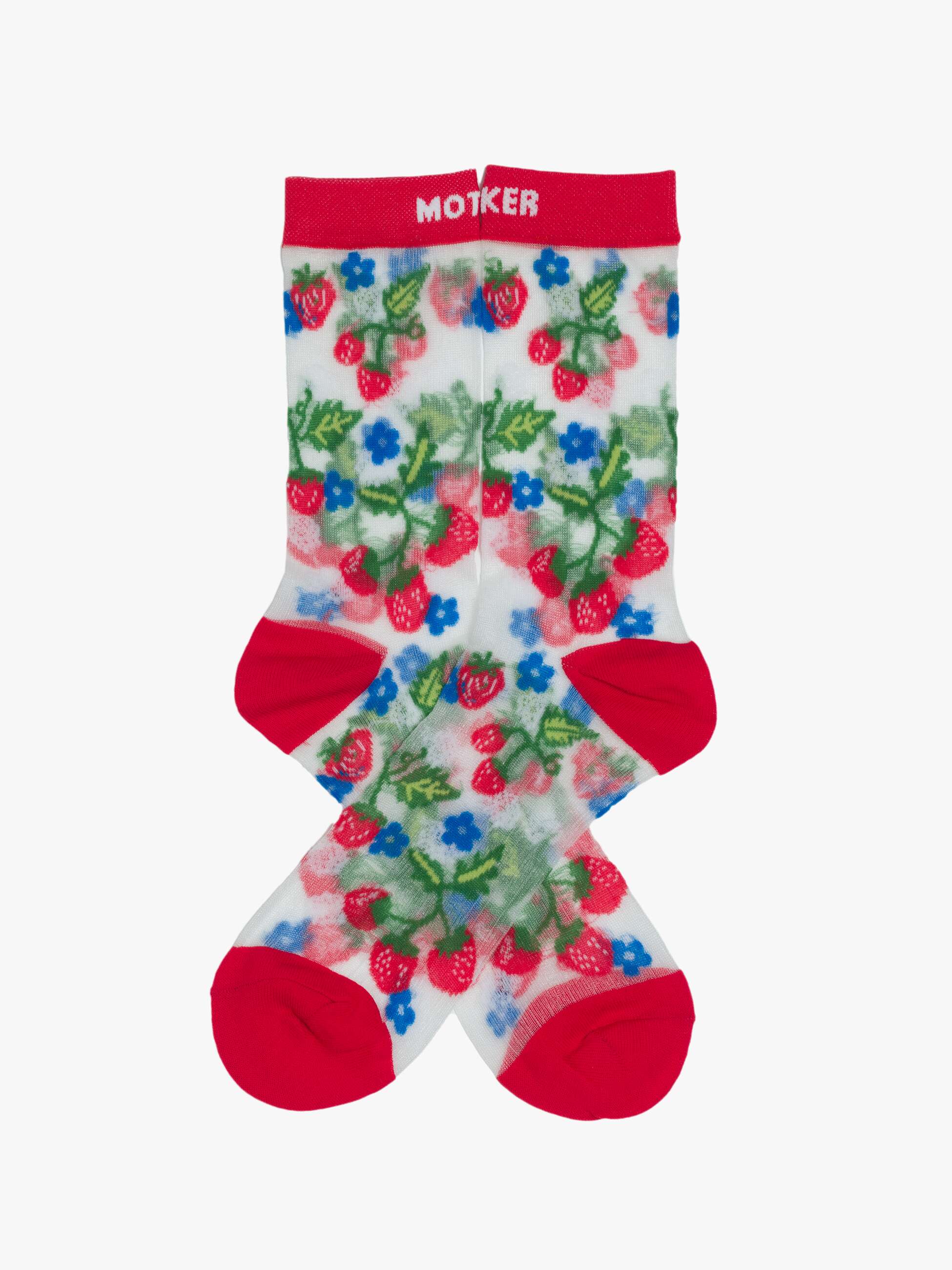 The Step Up Sock by Mother features a white base with red heels, toes, and cuffs. It displays red strawberries, green leaves, blue flowers, black stars, and &quot;MOTHER&quot; knit in white on the red cuff.