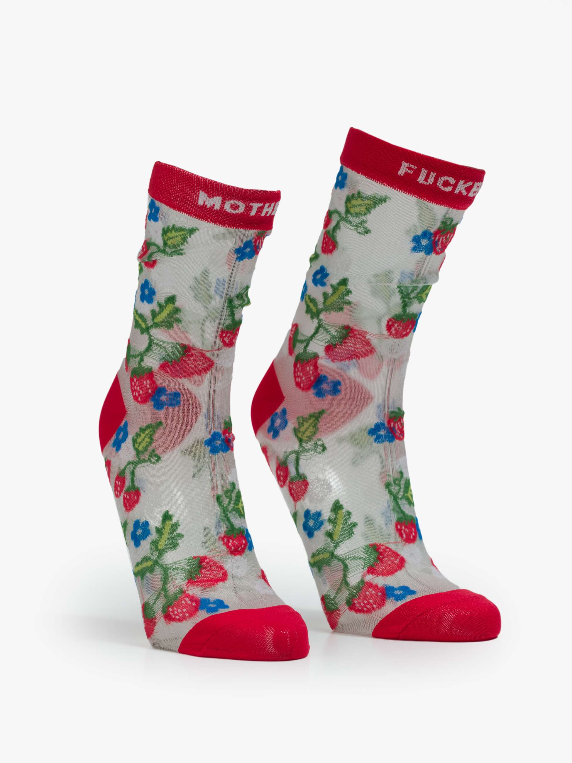 Step up your style with The Step Up Sock by Mother: sheer white tube socks featuring red accents and playful strawberry, flower, and star details. Translucent grey cuffs showcase bold "MOTHER" and "FUCKER" text on each sock.