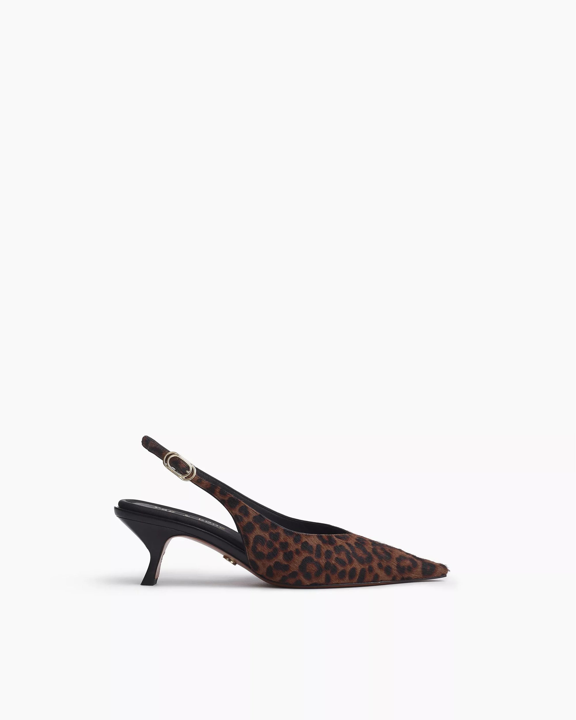 The Rag & Bone madison slingback heel is a women's leopard-print kitten heel with a pointed toe and OrthoLite foam insoles, shown against a plain white background.
