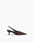 The Rag & Bone madison slingback heel is a women's leopard-print kitten heel with a pointed toe and OrthoLite foam insoles, shown against a plain white background.