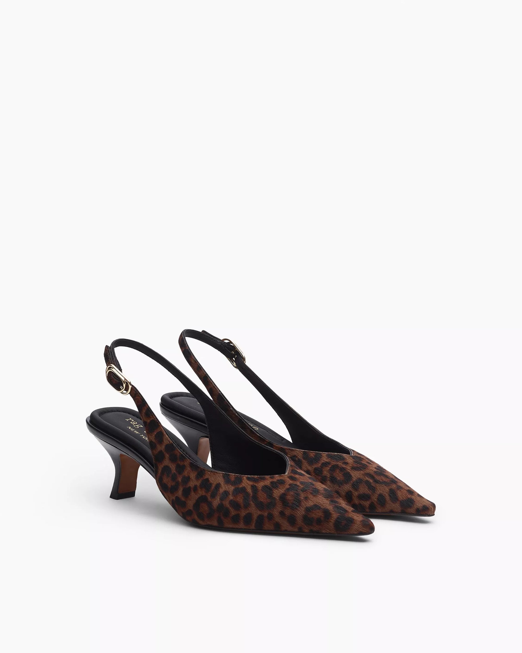 The Rag & Bone madison slingback heel is a women's leopard-print shoe with a pointed toe, low kitten heel, and an ankle strap with a small buckle for added style.