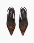 A pair of Rag & Bone madison slingback heels featuring pointed toes, leopard print, black OrthoLite foam insoles labeled "Rag & Bone New York," and gold buckle ankle straps, shown from above.